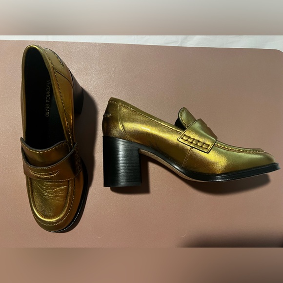 Veronica Beard Penny Loafer Block Heel Pump Metallic Dark Gold Leather SZ 7 - Picture 4 of 7